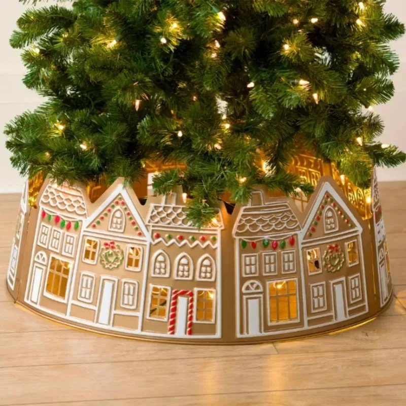 

Christmas Tree Collar Non-woven Fabric House Design With LED Lights Xmas Tree Base Cover For Christmas Tree Base Decor