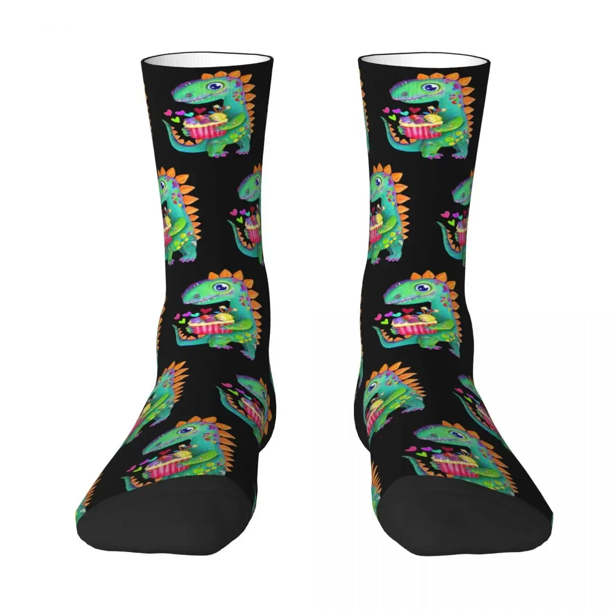 

T-Rex Eating Birthday Cake Design Socks Harajuku Soft Stockings All Season Long Socks Accessories for Man Woman Christmas Gifts