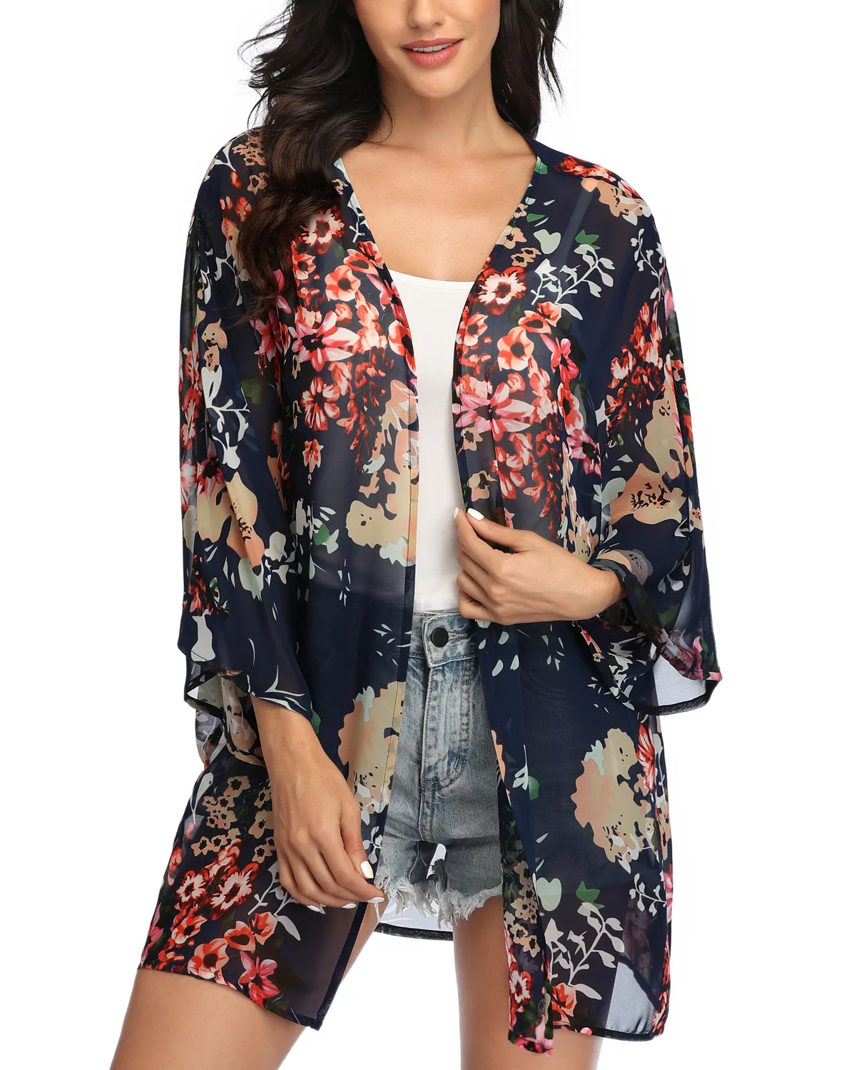 Clothes Women Chiffon Shawl Floral Print Kimono Cardigan Top Large Size Loose Beachwear Cover Up Blouse /PT