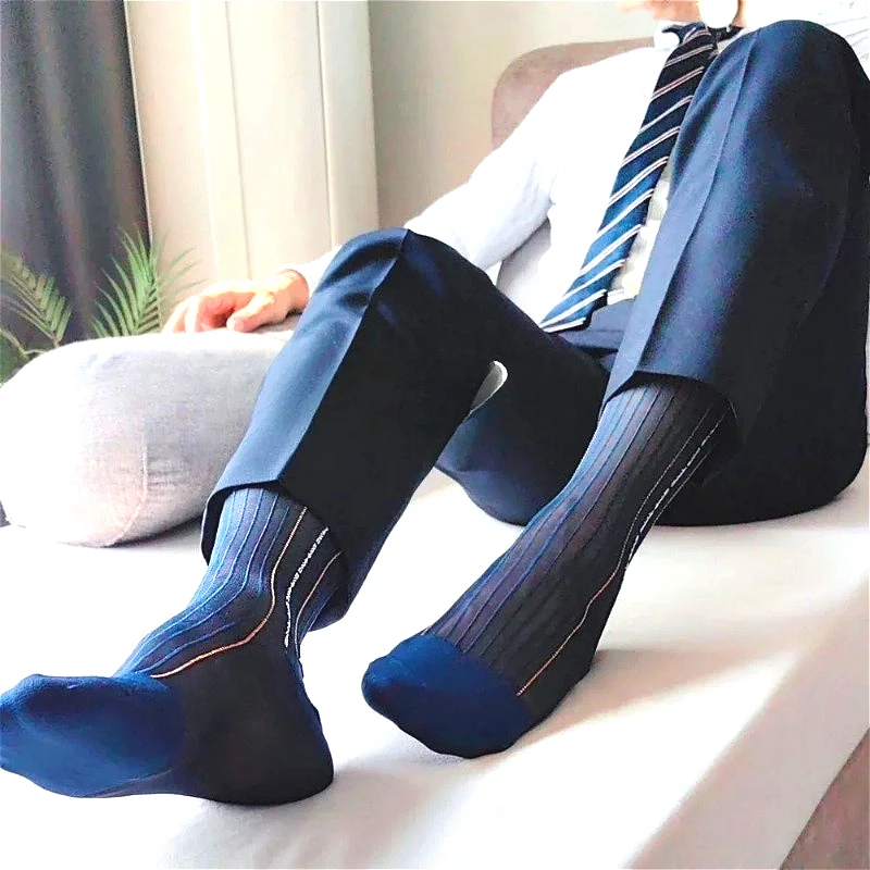 

Мужские классические носки для мужчин, классический деловой костюм в темно-синюю полоску, деловые носки для мужчин, нейлоновые жаккардовые дышащие офисные носки до середины икры