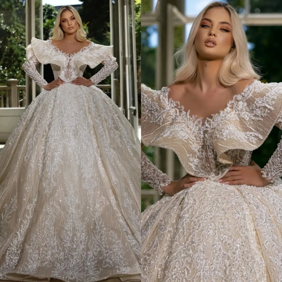 

Vintage Ball Gown Wedding Dress For Women Sheer Neck Long Sleeves Bridal Gowns Sequins Sweep Train Dresses Customized