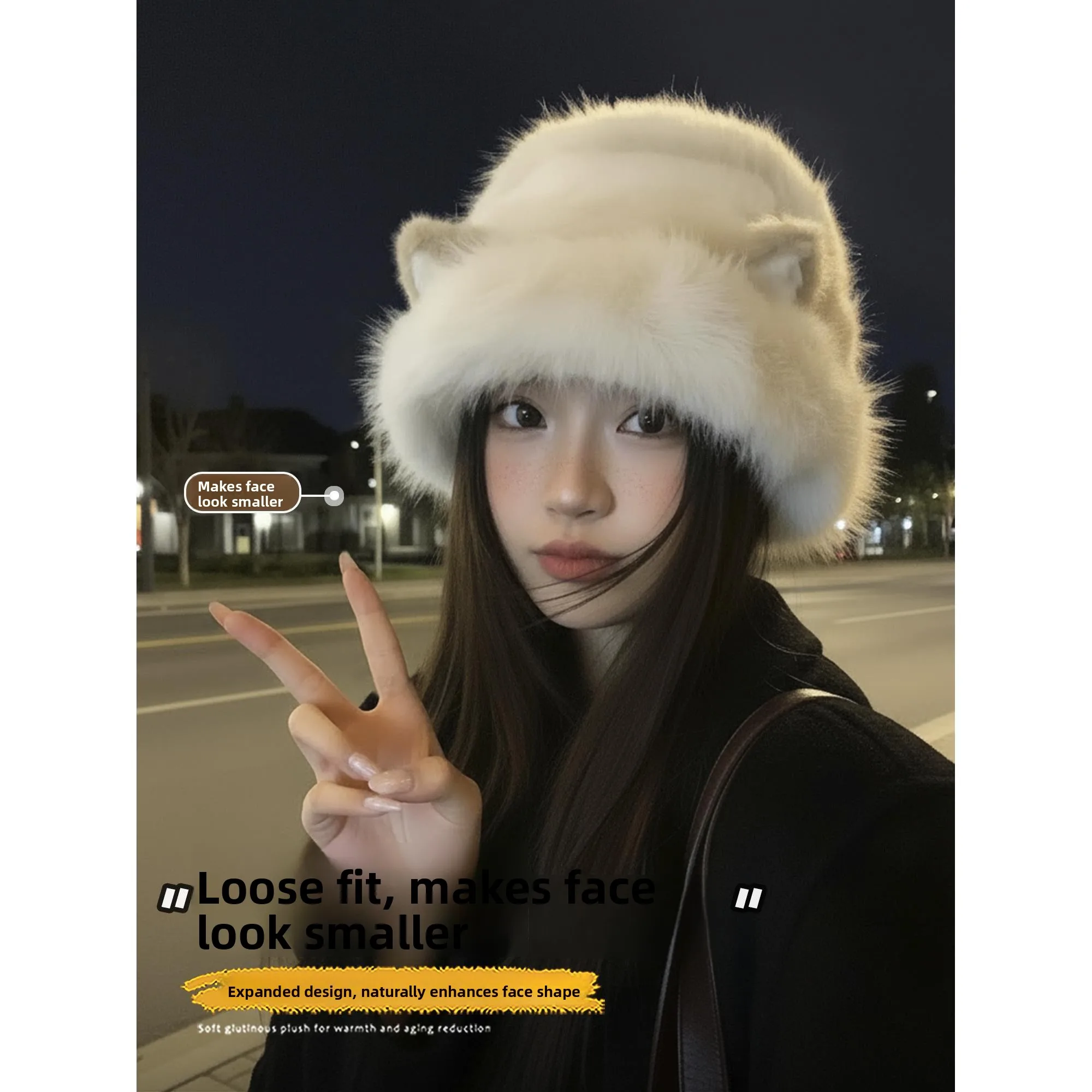 Cute  Ear Fluffy Fishing Cap Women's Style Winter Large Head Size Warmth Cold Protection Ear Warmer Hat Foldable No Brim