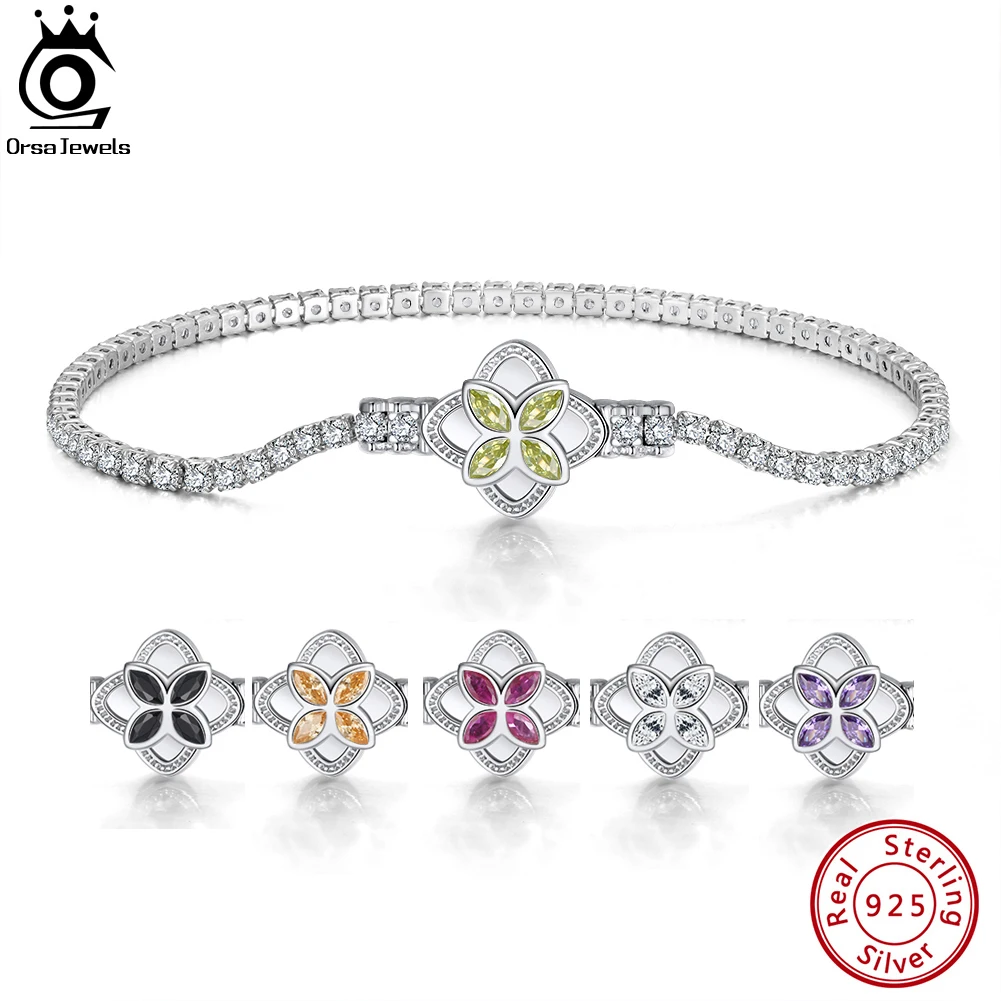 ORSA JEWELS Authentic Silver Clover Tennis Chain Bracelet Hanmade 925 Sterling Silver Hand Jewelry for Woman Girl Pulseras SB140