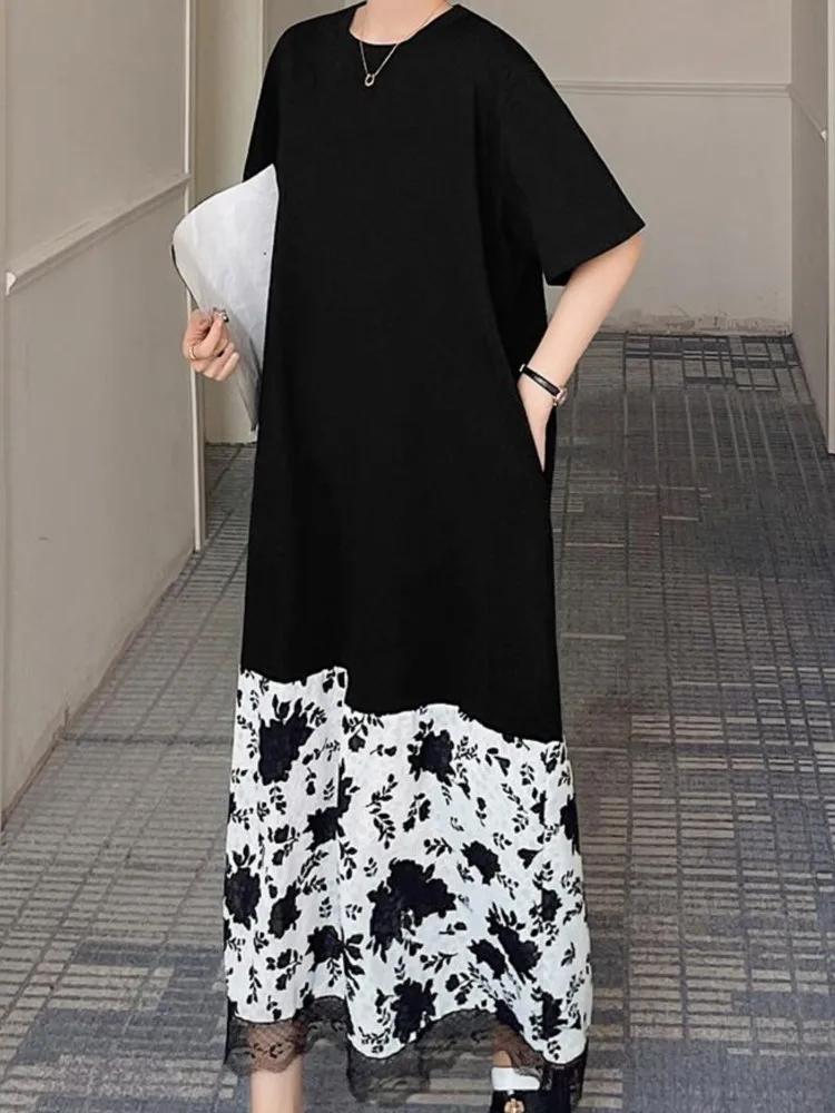 Zomer Big Size Kant Gesplitst Mid Body T-shirt Vrouwen Jurk Nieuwe O-hals Korte Mouw Mode Dames Jurken Tij Vestidos