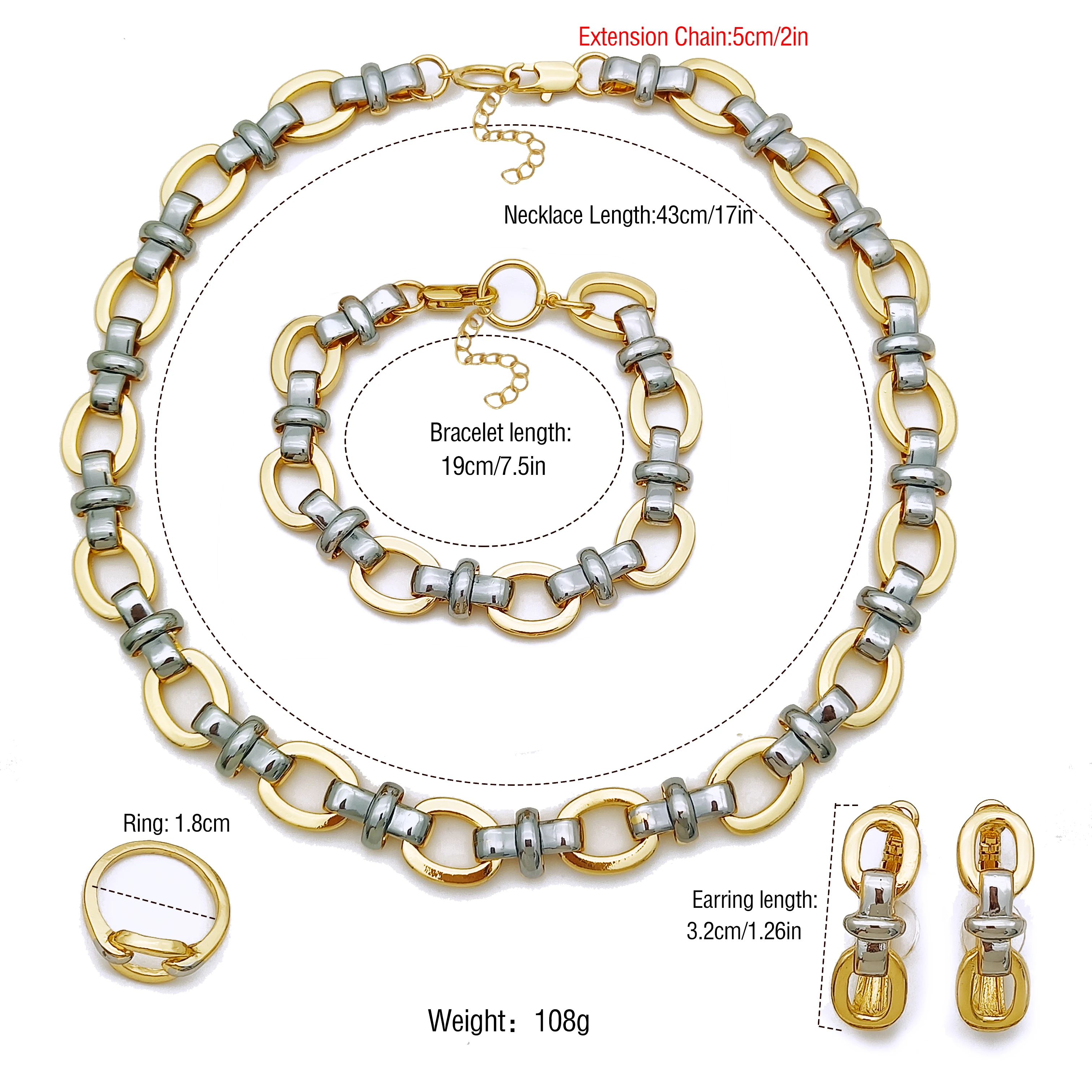 Dubai Two Tone  Jewelry Necklace For Women Accessories  Earrings Bracelet Rings Wedding Party Items With Daily Wear