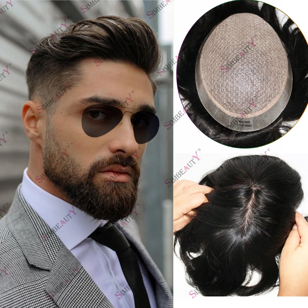 

Natural Black 100% Virgin Human Hair Men's Toupee Silk Base Thin PU Around Silky Straight Men's Hair System Indian Hair Remy