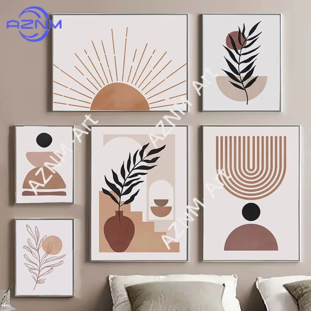 1 Stück Boho Vase Blattlinie Regenbogen Sonne Geometrie Abstrakte Poster und Drucke Wandkunst Leinwandgemälde Barbilder für Wohnzimmer