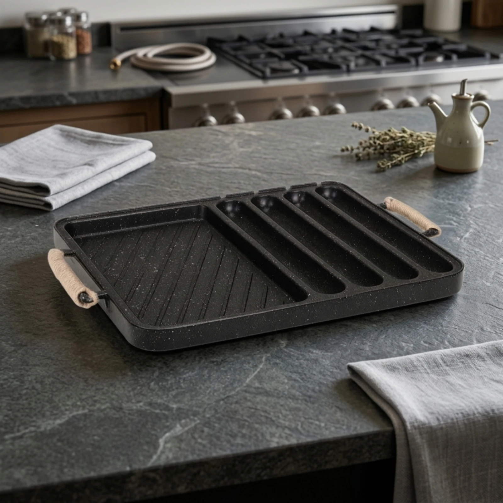Divided Grill Pan Rectangular Grill Pan with Rope Handles Griddle Lightweight Compact for Home Cooks, Korean Barbecue view 6