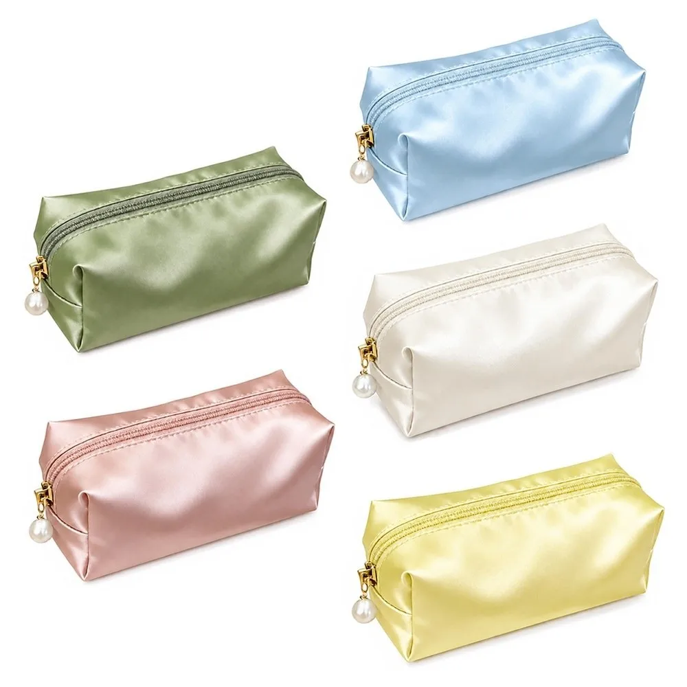 Portable Makeup Bag Simulated Silk Fabric Pearl Zipper Pull Design Cosmetic Storage Bag Large Capacity Thickened