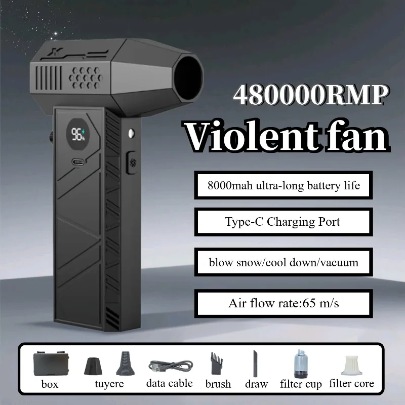 

Жесткий турбовентилятор емкостью 48 000 об/мин, бесщеточный двигатель и светодиодная подсветка, 8000 мАч с дисплеем зарядки, вентилятором, портативным пылесосом