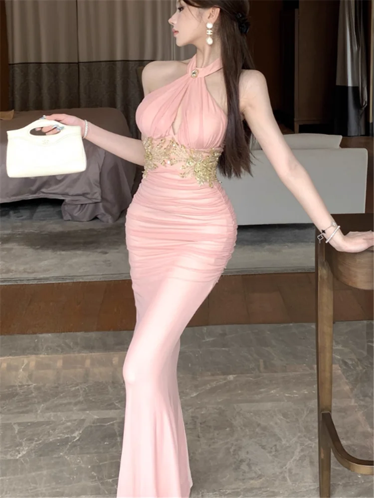 

Elegant Lady Black Pink Halter Long Mermaid Evening Dress Off Shoulder Hollow Out Beads Patchwork Tight Cocktail Party Dress