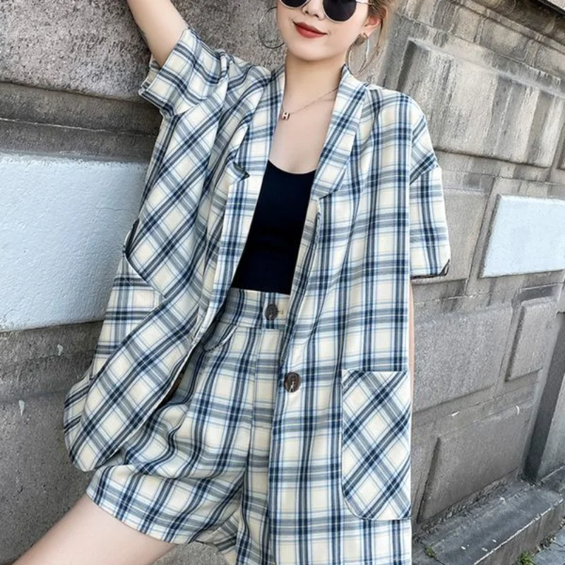 Women's Summer New Plaid Suit Jacket Fashion Literary Fan Button Pocket Splicing Short Sleeve Coat Leisure Versatile Shorts Set