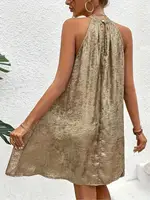 Robe d'été sans manches pour femme, couleur champagne, col halter, épaules dénudées, dos à nouer, bretelles spaghetti, tendance 2
