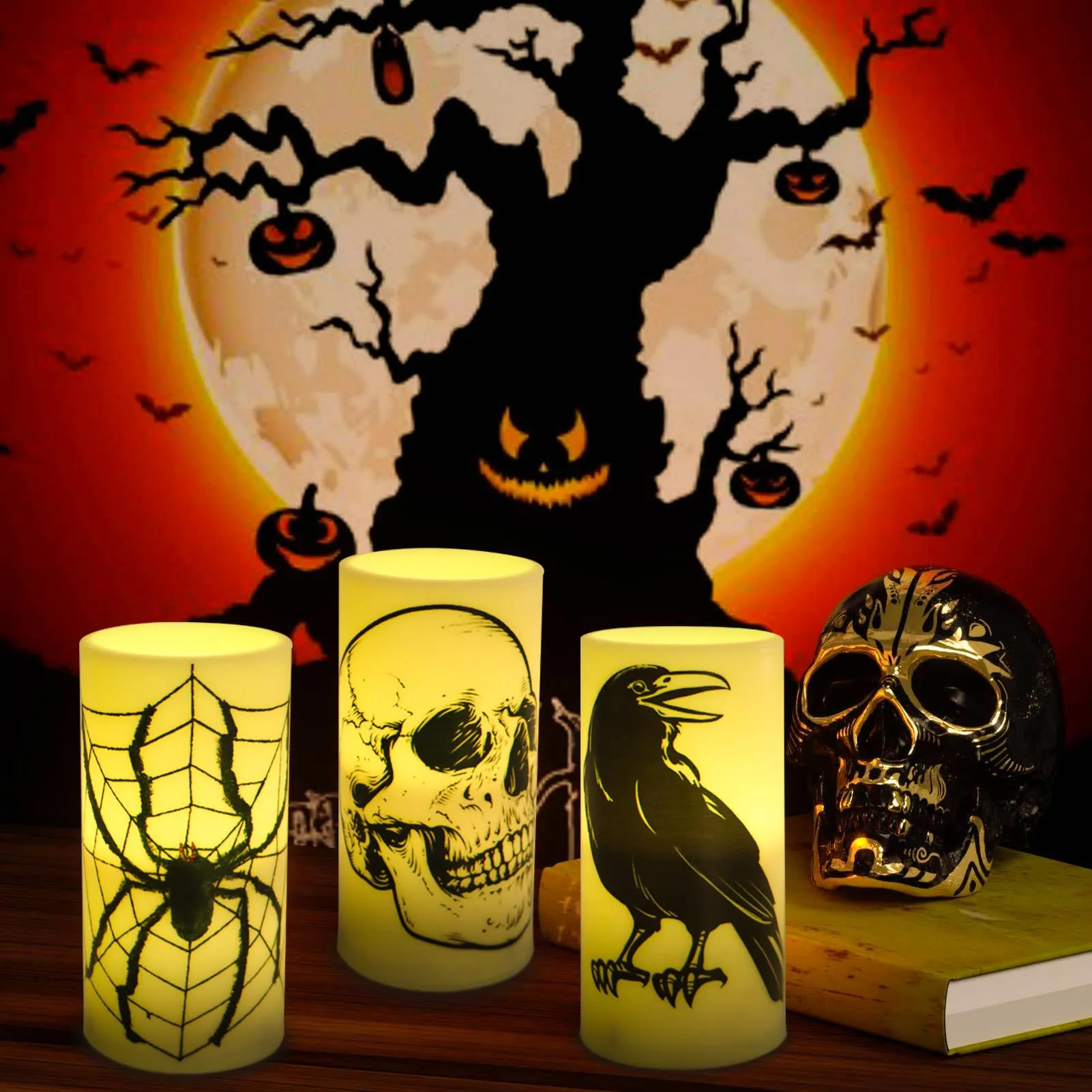 Halloween Flickering LED Candles with Creative Human Skull Black Bird Crow Raven Decals Suitable for Tables Fireplaces