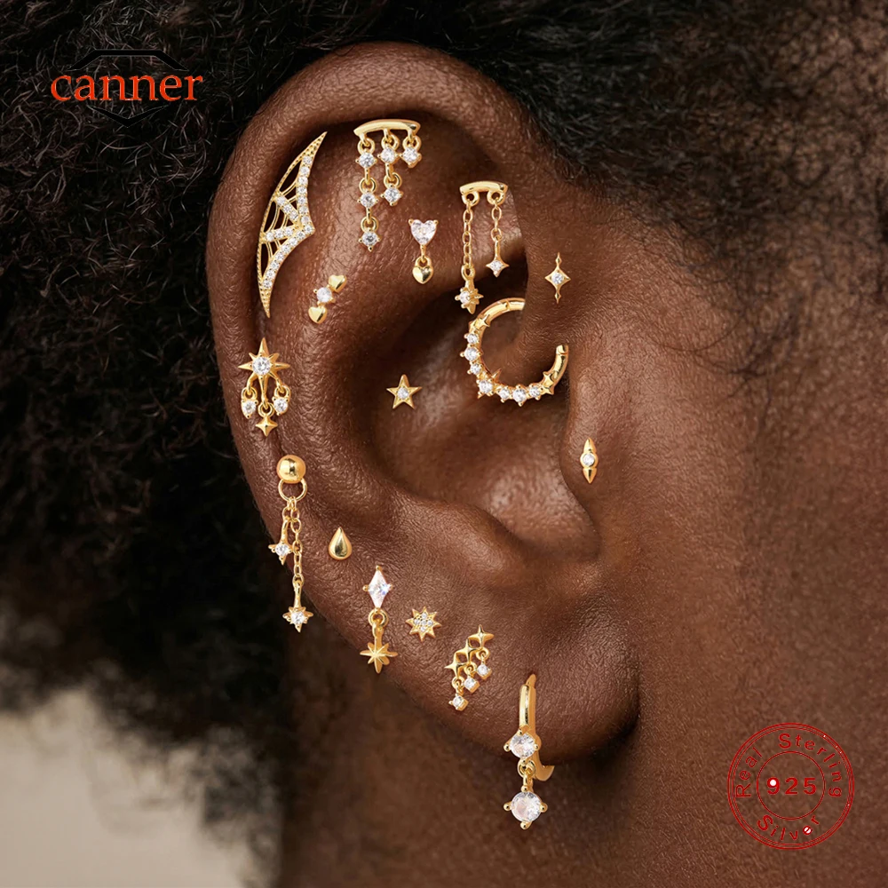 CANNER 1PC Pendientes de Plata de Ley S925 con Diseño de Estrella/Cadena, Chapados en Oro de 18K, para Piercing de Cartílago, Hélix o Lóbulo, Joyería de Moda