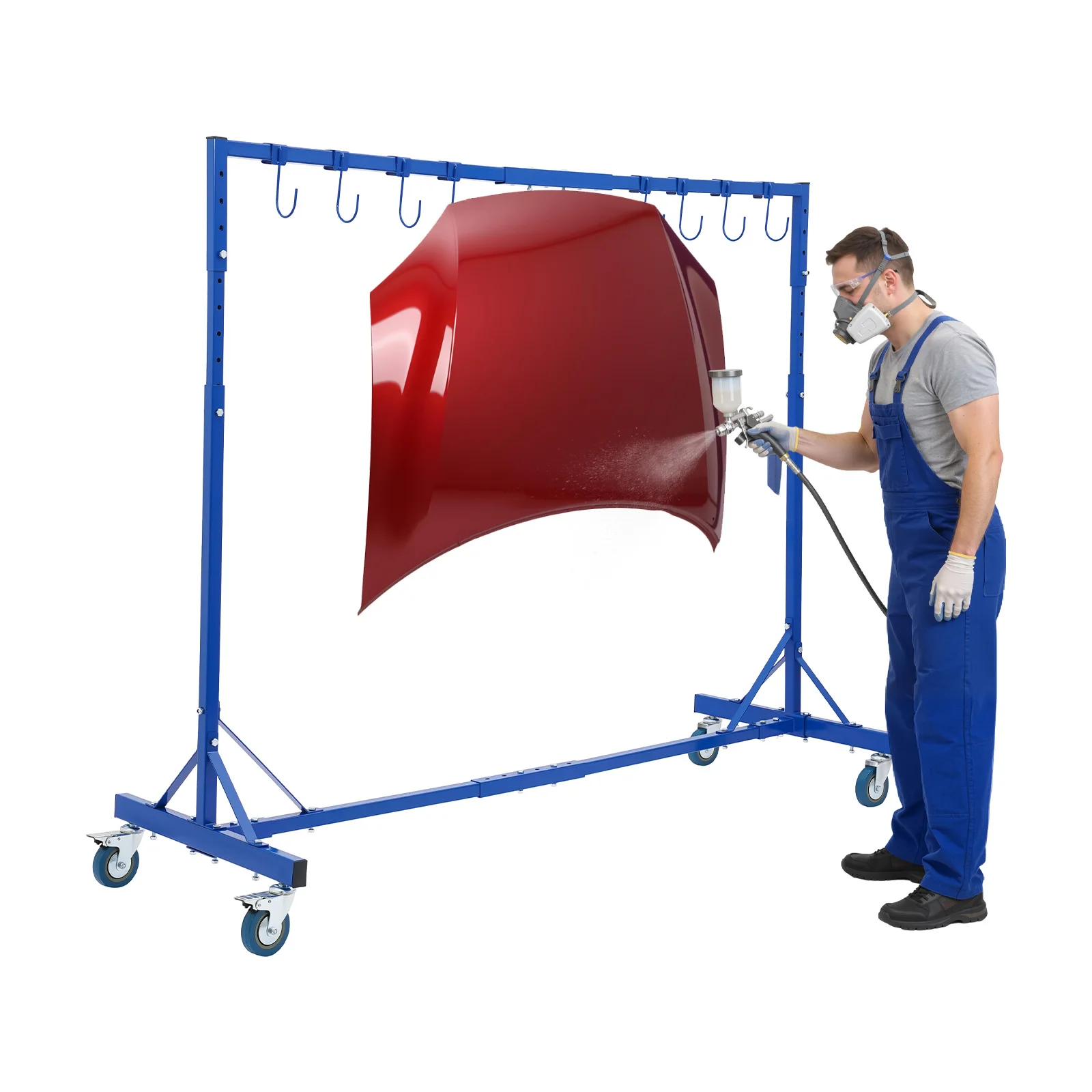 Car Body Paint Stand, Painting Rack, Auto Spray Stand, Adjustable Height 4.2-6.23ft, 8 Hooks, Blue, RV Hydraulic Tool, 240LBS Steel Garage Accessory