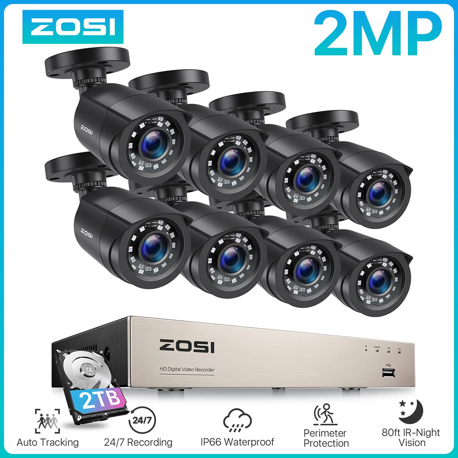 ZOSI-sistema de seguridad para el hogar con 8 cámaras de visión nocturna, kit de videovigilancia de 8 canales, H.265 + 5MP Lite, HD-TVI, DVR, 1080p, 2MP, para exteriores, Kit de videovigilancia