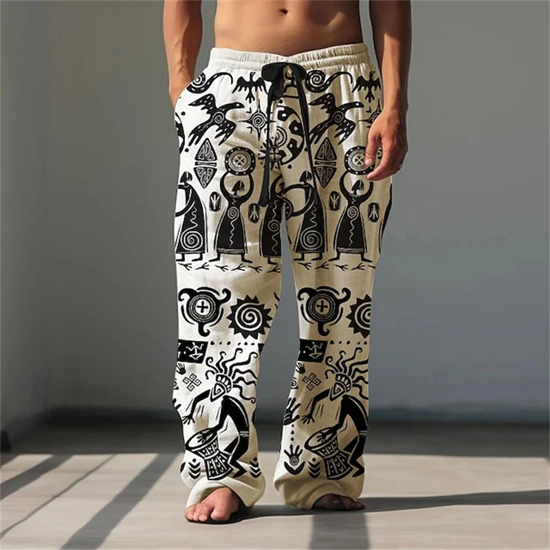 2026 Men's Retro Ethnic-Print Casual Pants Breathable Loose-Fitting Wide-Leg Pants Fashionable Streetwear Drawstring Pants