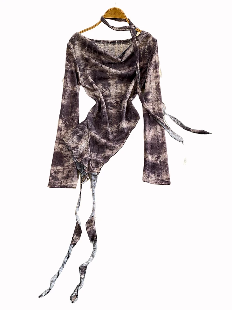 Cseta Sexy de Manga Larga Estilo Americano para Mujer, Ajustada, E, con Diseño de Cinta Asimétrica Desgastada, Cint...