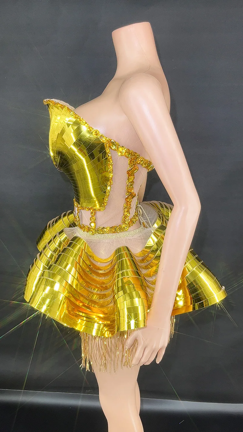 Minivestido dorado brillante sin tirantes para mujer, traje Sexy de 2 piezas para fiesta de cumpleaños, celebración, actuación, ropa de escenario