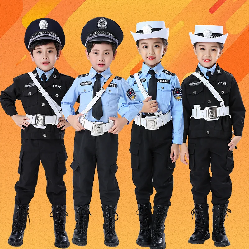 Boys and Girls Police Costumes for Children, Halloween Cosplay Costume, Vestidos de Polícia, Azul, Preto, Botão, Feminino, Toy Gifts