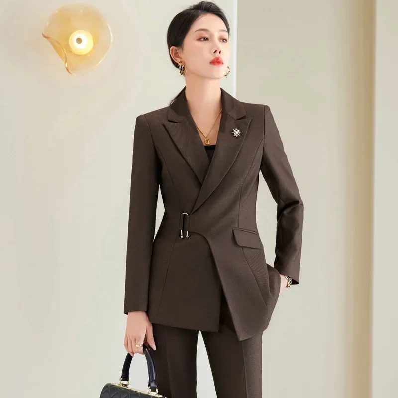 Setelan pakaian kantor wanita, jas biru Set 2 buah Blazer + celana wanita jaket musim semi kantor wanita bisnis pakaian kerja mantel pernikahan Tuxedo Dress Prom