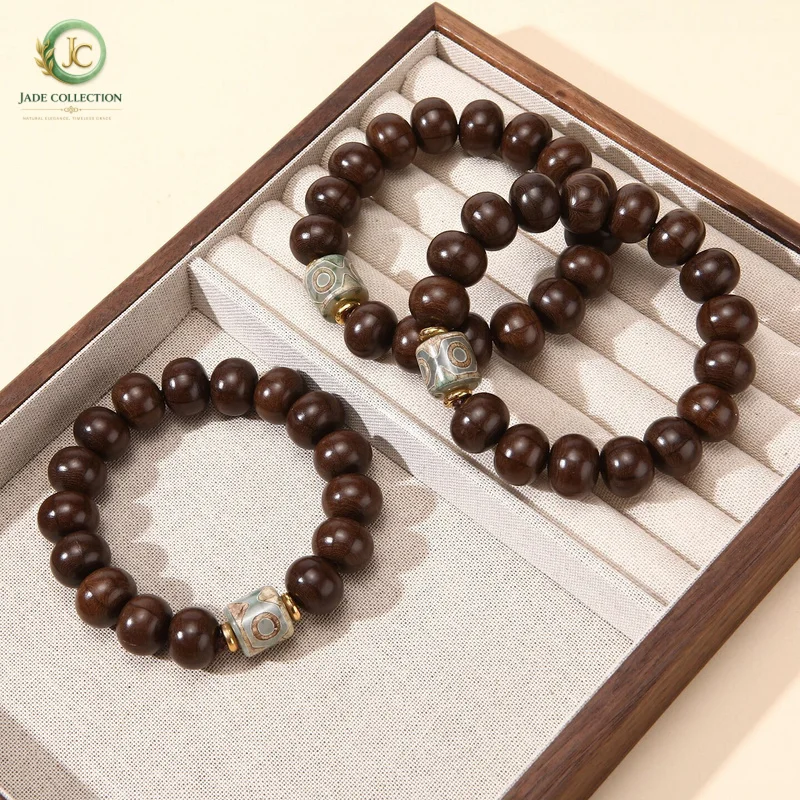 Tibetan-style six-strand wood single-loop bracelet for men, made from old wood with full grain, featuring dragon-repellent wood