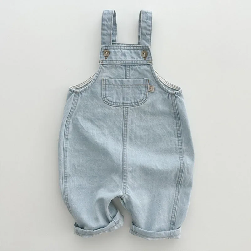 2025 Spring Summer Children Boy Jeans Cotton Patched Pocket Toddler Boy Suspenders Solid Button Sling Infant Baby Boy Denim Pant