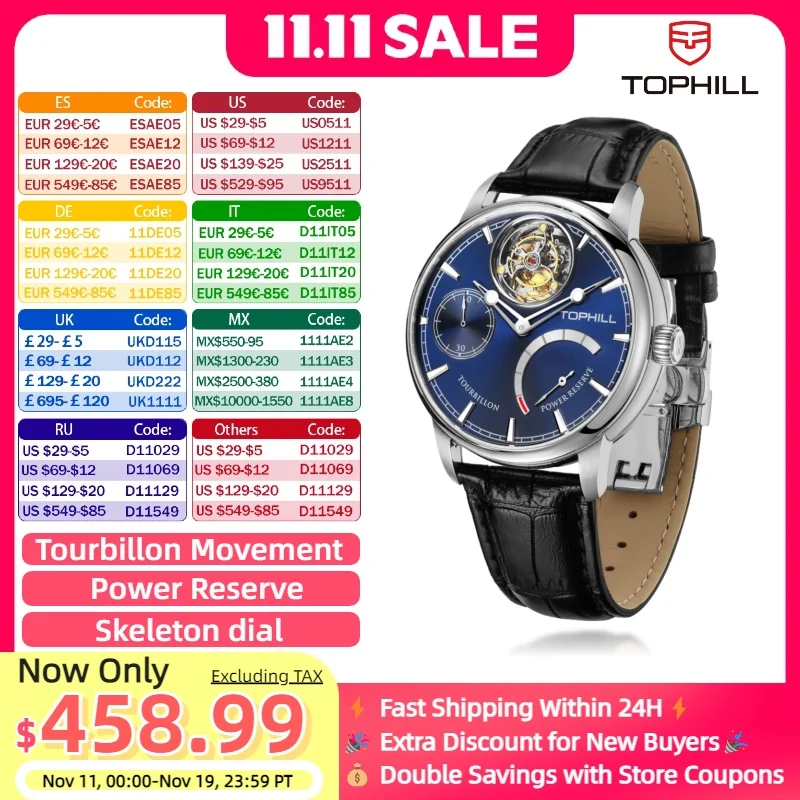 

Tophill Tourbillon Watch for men Mechanical watch Luxury Skeleton dial Power reserve Leather strap reloj