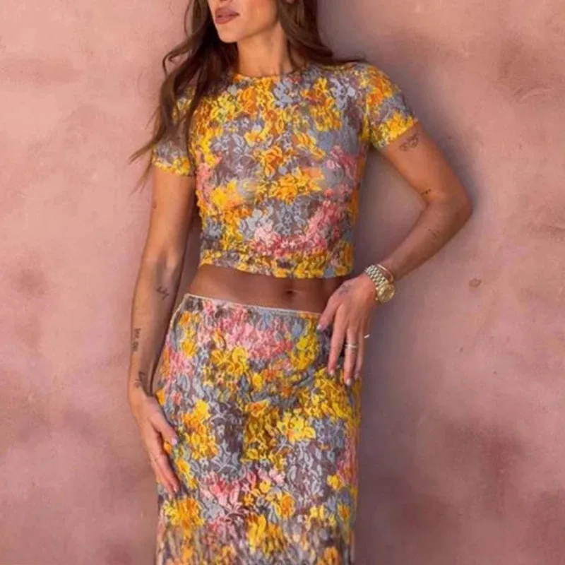 

Fashion O-neck Crop Tops & Long Skirt Set Women Casual Short Sleeve Slim Party 2Pc Suit Elegant Patterned Print Wrap Hip Outfits