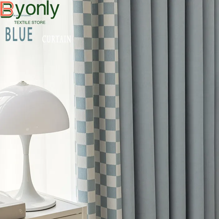New Baby Blue Plaid Jacquard Splicing Chenille Curtains for Living Room Bedroom French Window Customized Products