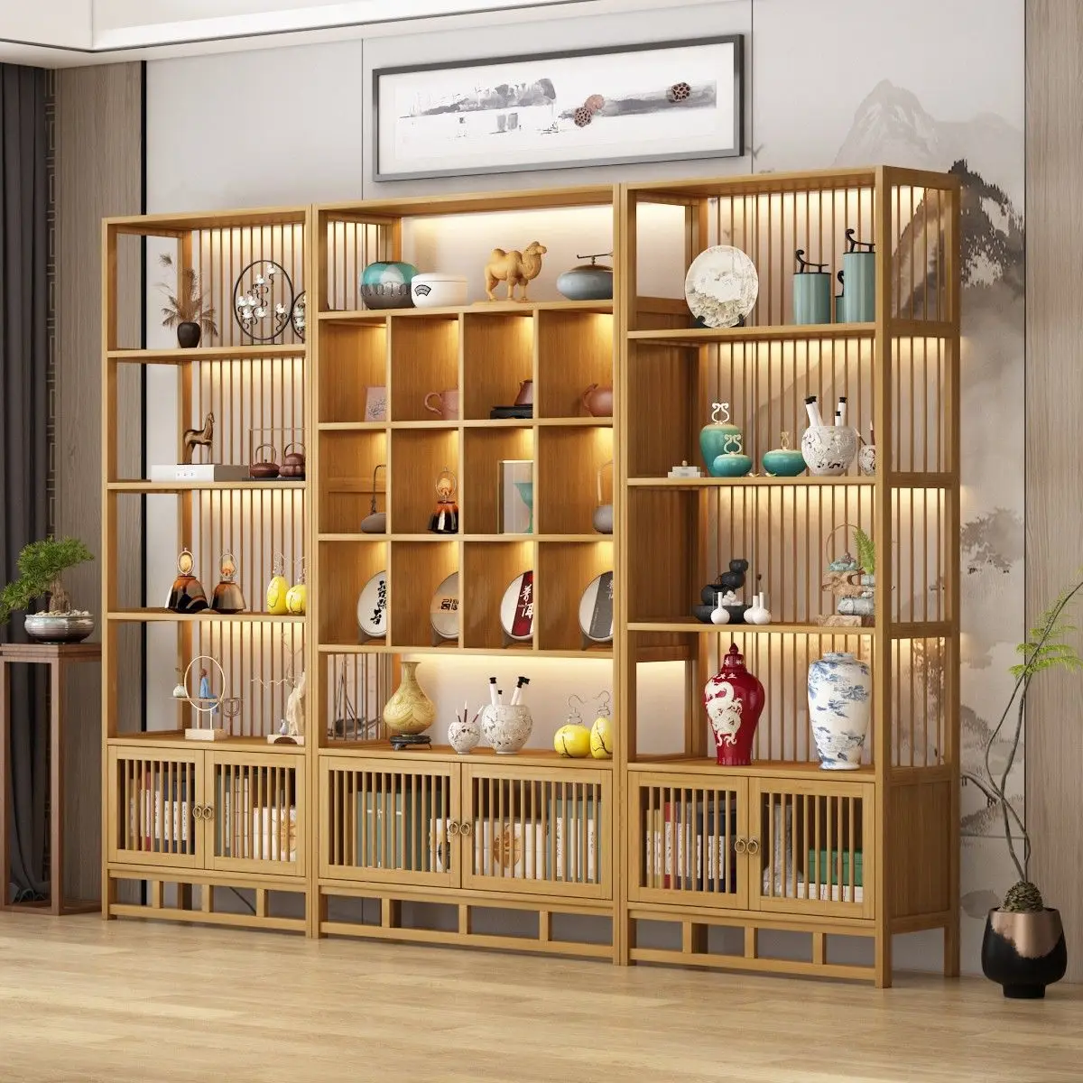 Bogu rack new Chinese Duobao Pavilion purple sand solid wood tea display cabinet living room tea room partition rack