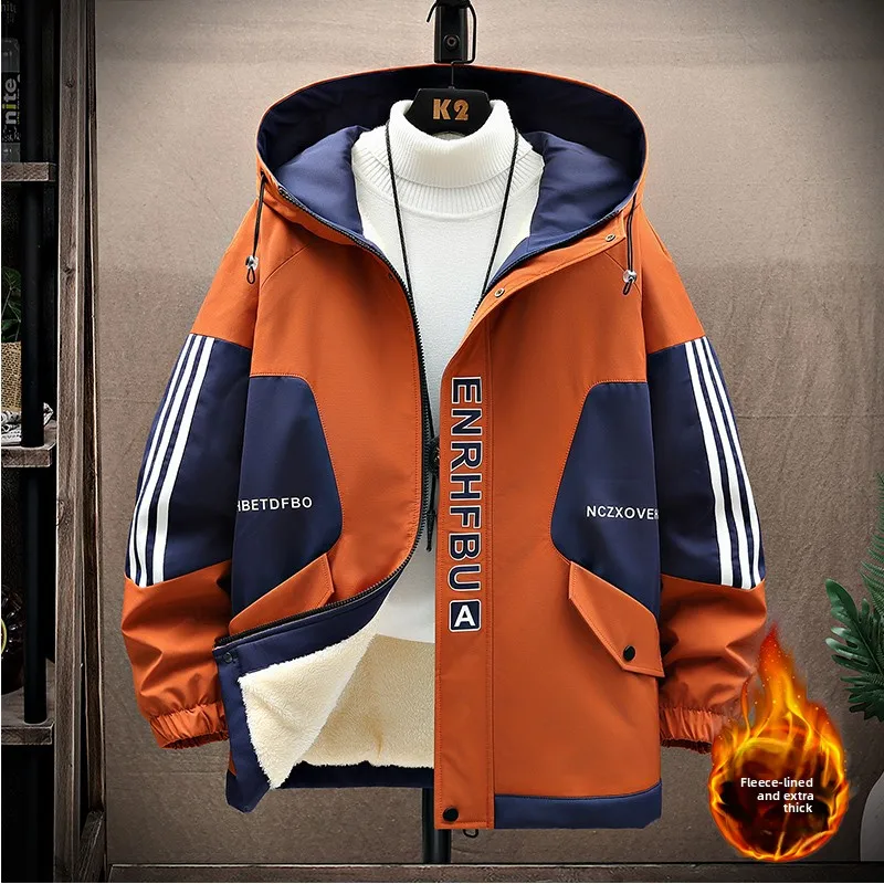 

Men's Fce Lined Jaet Autumn Winter New Sle Trendy Brand Hooded Loose Haome Thiened Cold Resistance Windbreaker