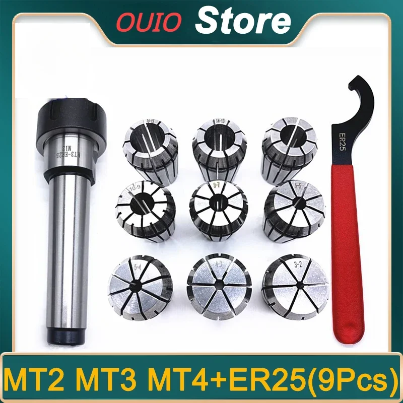 OUIO ER25 Collet Set Spring Clamps 9PCS MT2 ER25 M12 1PC ER25 Wrench Collet Chuck Morse Holder Cone for CNC Milling Lathe Tool