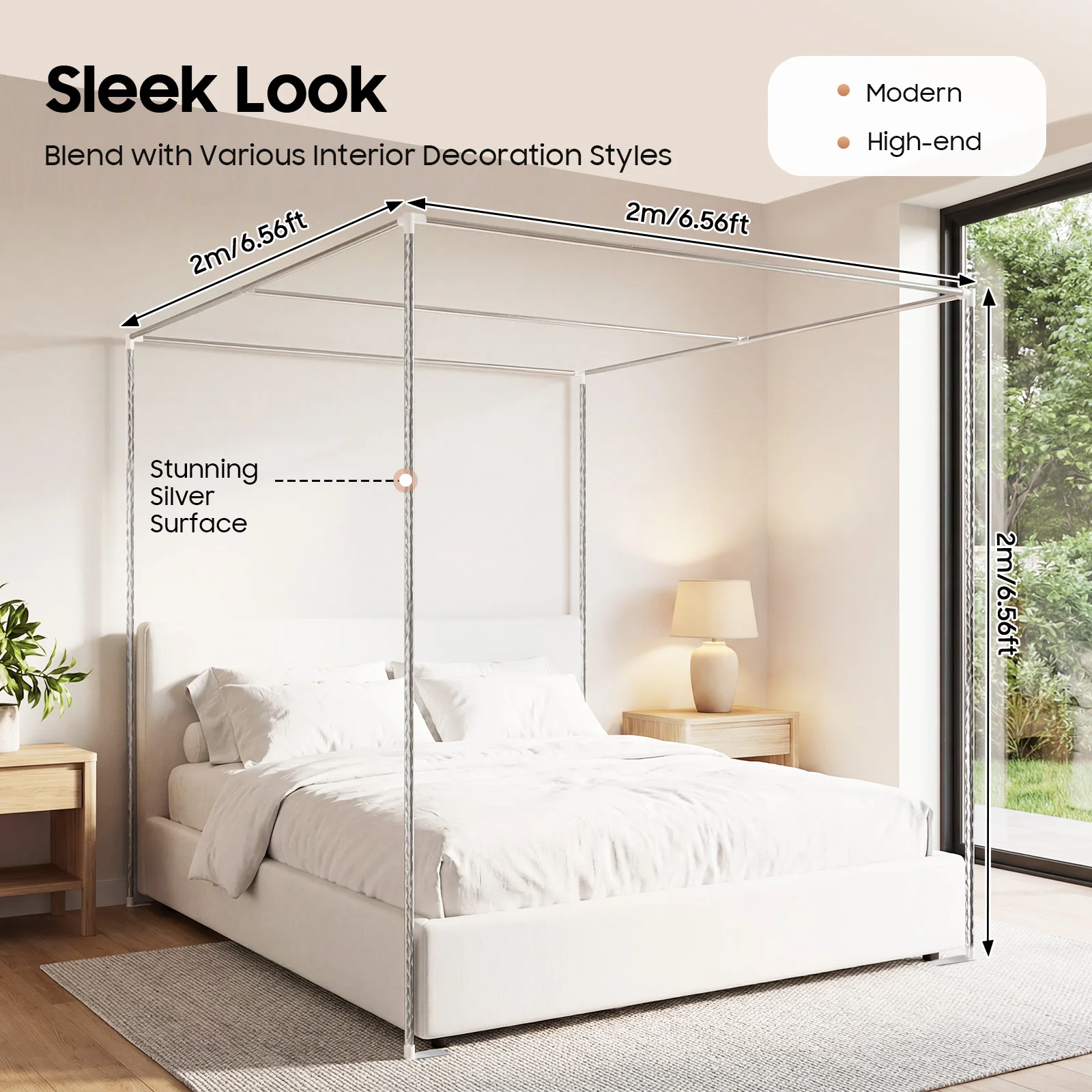 2*2*2m Stainless Steel Canopy Bed Frame, 4 Corner Post Mosquito Net Support, Silver 0.83