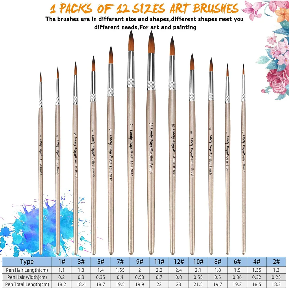 12 pcs Brush Round Pointed Tip Nylon Hair Artist Acrylic Brush for Acrylic Watercolor Oil Painting Body Paint