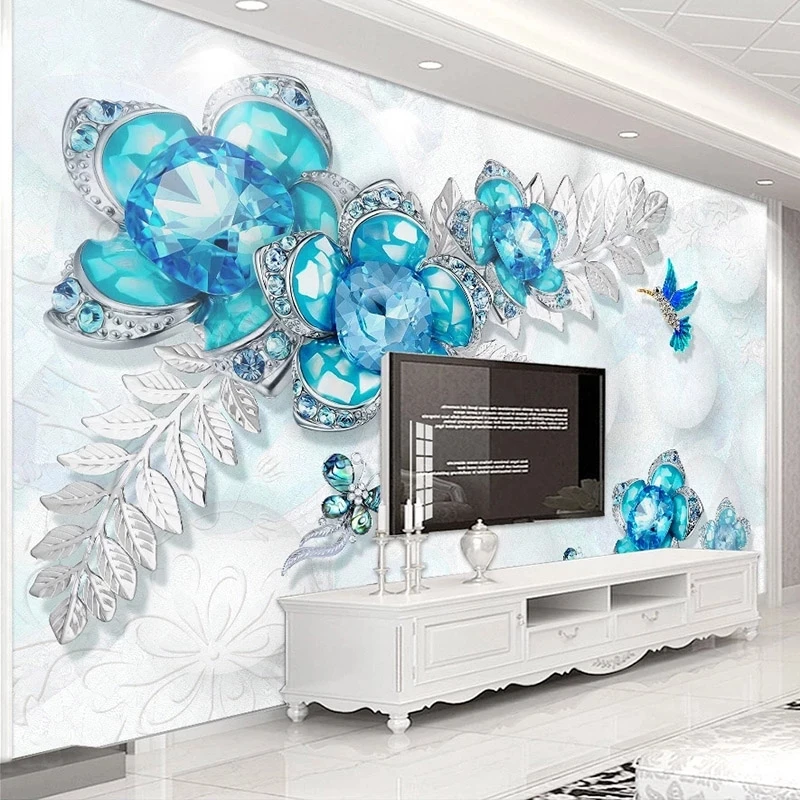 Custom Mural Blue Jewelry Flower Butterfly 3D Photo Wallpaper Living room sofa TV background wall bedroom restaurant study Hotel