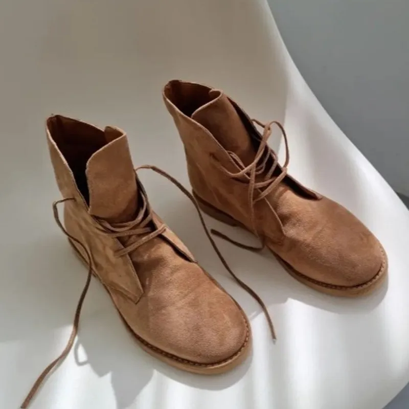 Korea Style Ankle Boots For Women Lace-up Round Toe Suede Solid Color Female Shoes Leisure Designer Brand Cool Motorcycle Boots