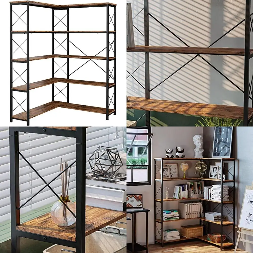 Vintage Industrial Style 5-Tier Corner Bookshelf with Metal Frame for Storage and Display