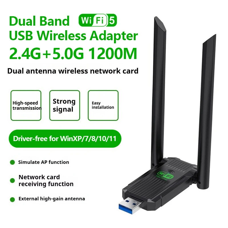 WiFi USB Adapter Dual Band 2.4G+5Ghz 1200Mbps Wi-Fi Dongle Receiver USB3.0 High-Speed Wireless Network Card Driver Free