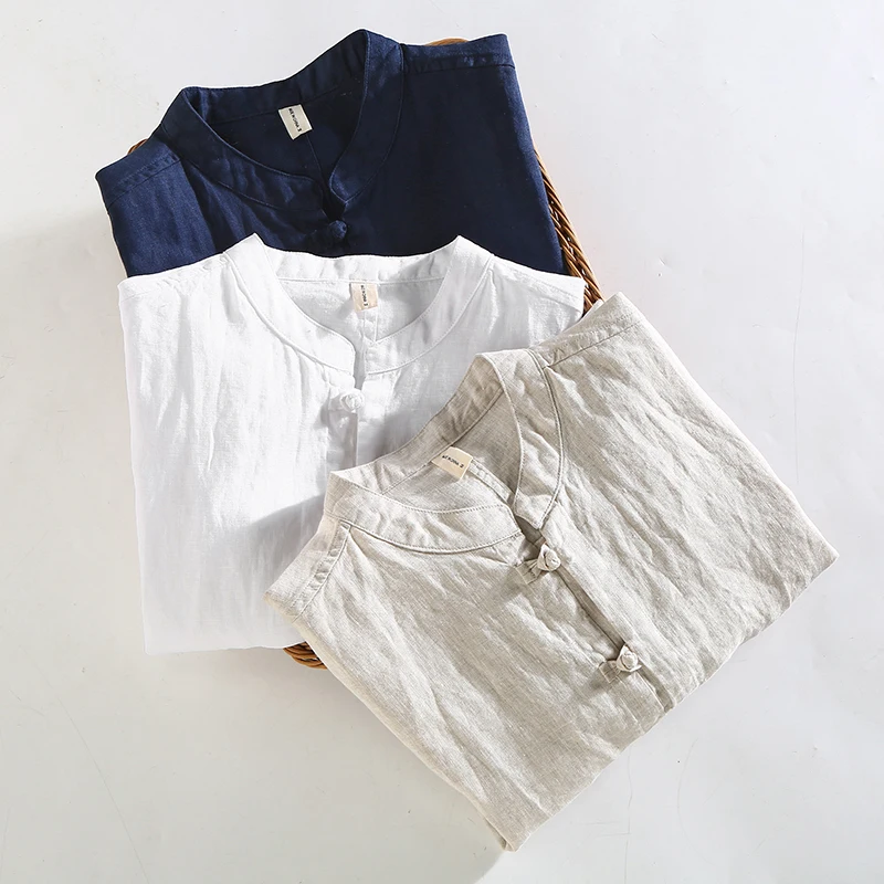 Frog Premium Shirts For Men Short Sleeve 100% Linen Chinese Style Summer Quality Cool Breathanle Solid Classic Camisas De Hombre