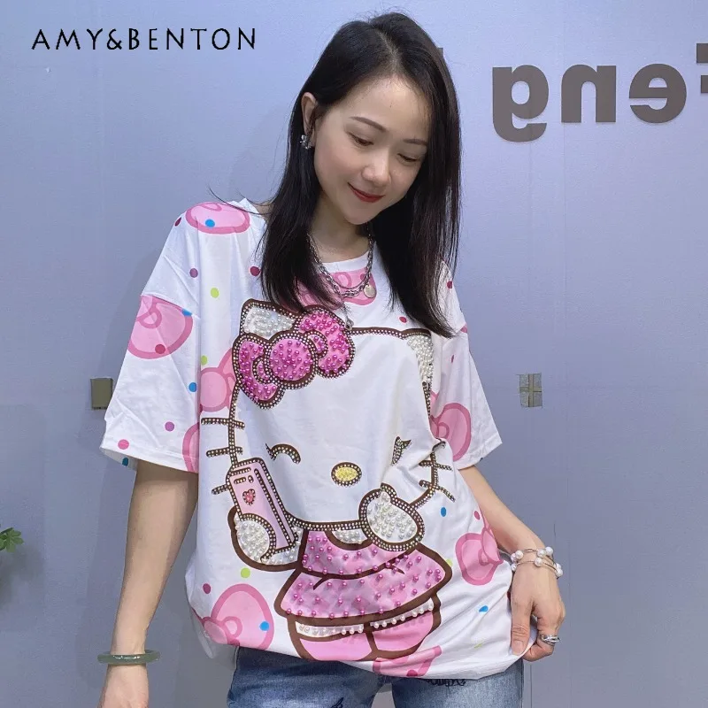 

Summer Heavy Industry Beaded Round Neck Pullover Printed Short Sleeves Top Women's Fashion Versatile Rhinestone T-shirt Pullover