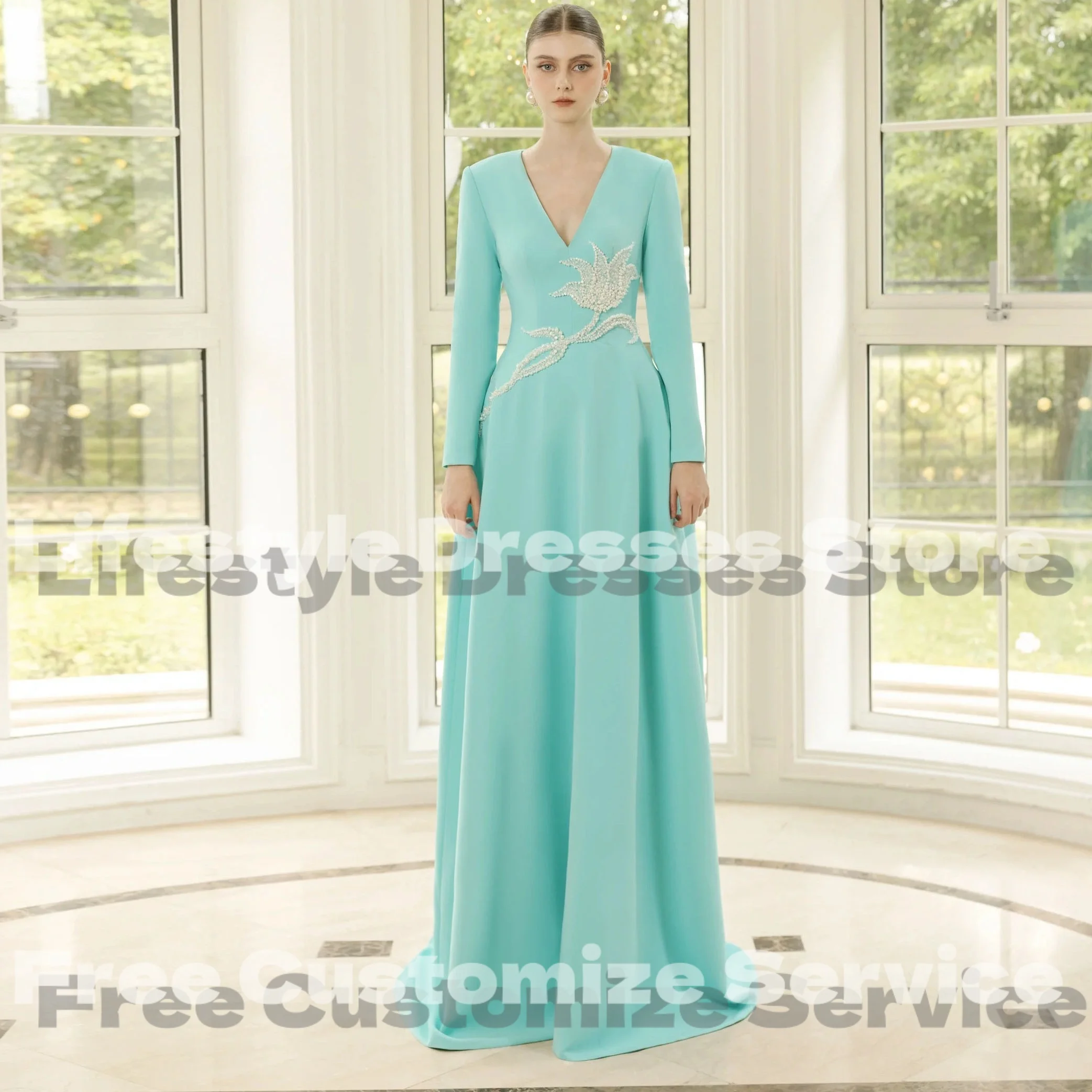 

Customized Elegant V-Neck A-Line Flower Beads Evening Dresses For Special Occasion Long Sleeves Wedding Party Prom Gown 2025