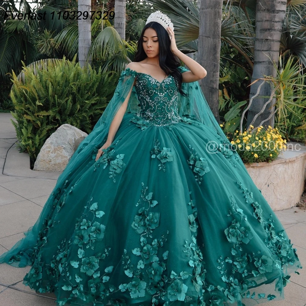 EVLAST Customized Mexican Green Quinceanera Dress Ball Gown 3D Flowers Applique Beaded Sweet 16 Vestidos De 15 Anos TQD823