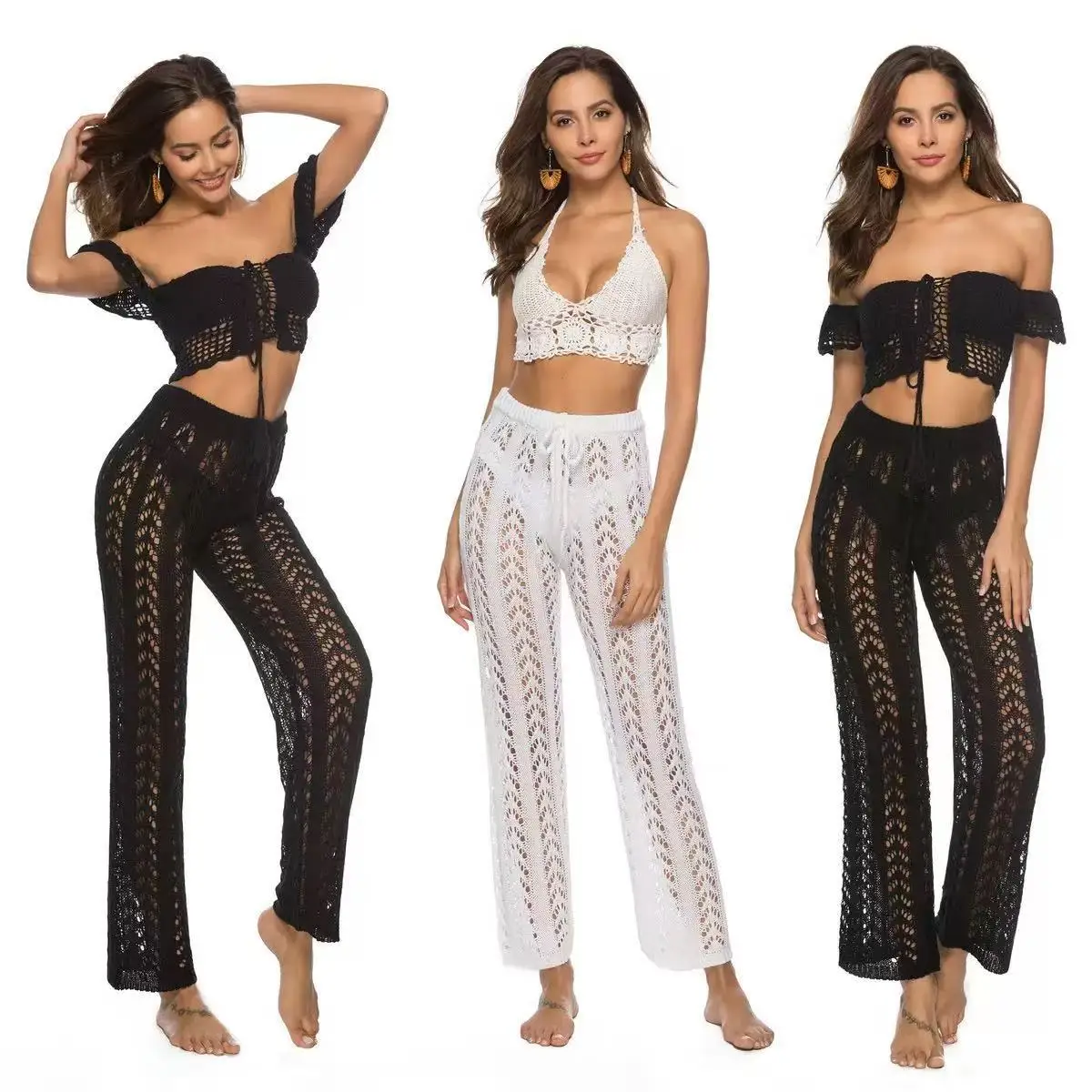 2026 NEW WOMEN BEACH PANTS, TIE HOLLOW OUT LONG TROUSERS WITH SILVER THREAD HERRINGBONE PATTERN, STRAIGHT & SLIM TAPERED PANTS