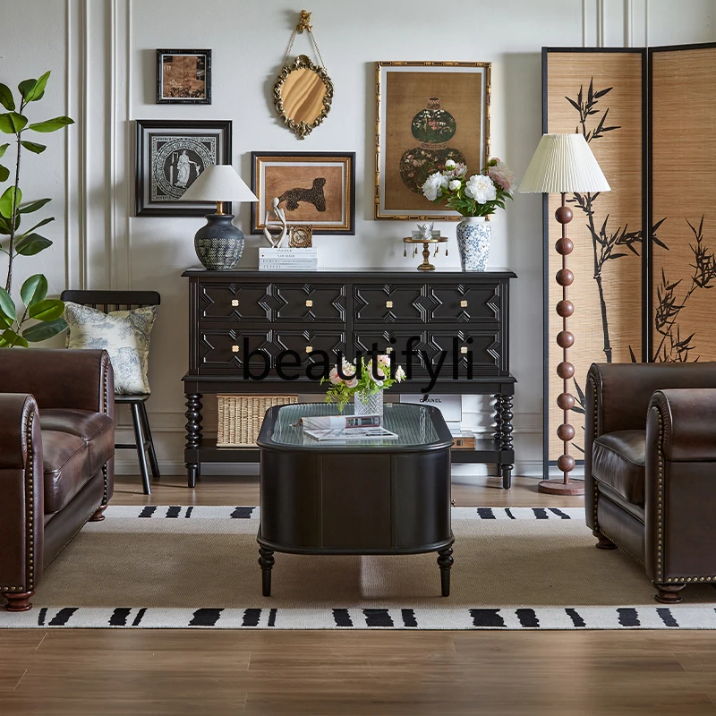 French black solid wood porch cabinet retro living room aisle antique chest cabinet