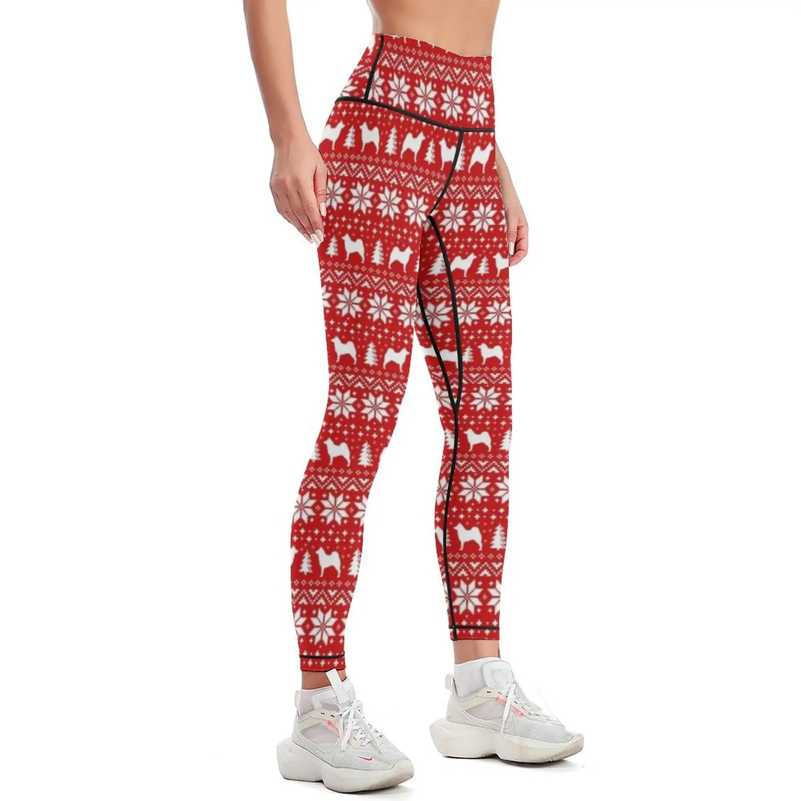 Norwegian Elkhound Silhouettes Red and White Christmas Holiday Pattern Leggings joggers for sports for gym Womens Leggings