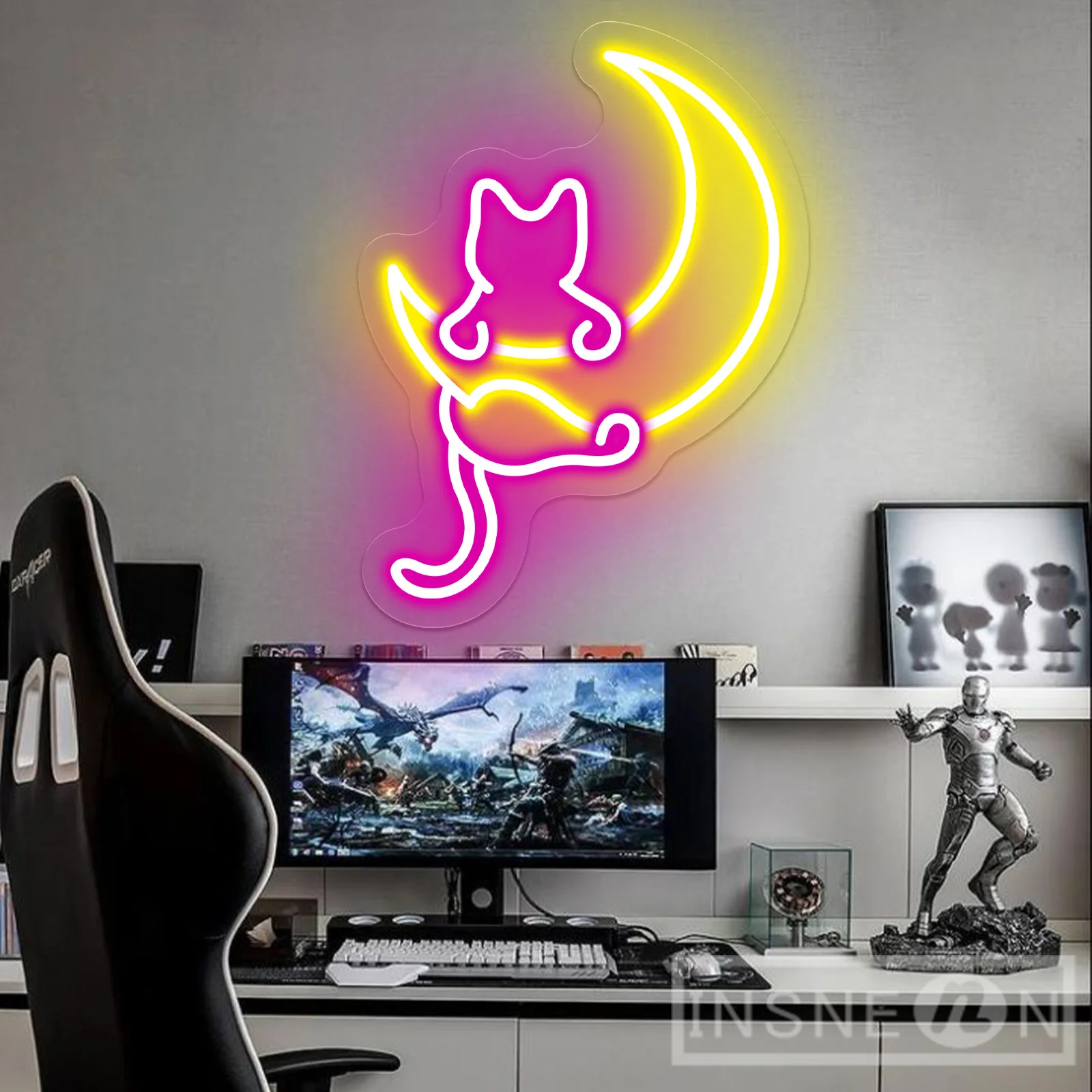 Cat & Moon Neon Sign Personalized Neon Lamp for Room Wall Decor LED Night Light Home Decor Lights Gift for Girls Boys Neon Light