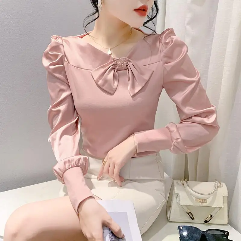 

2025 New Autumn Fashion Puff Sleeve T-shirt for Women Fashionable Bow Top Tight Base Shirt