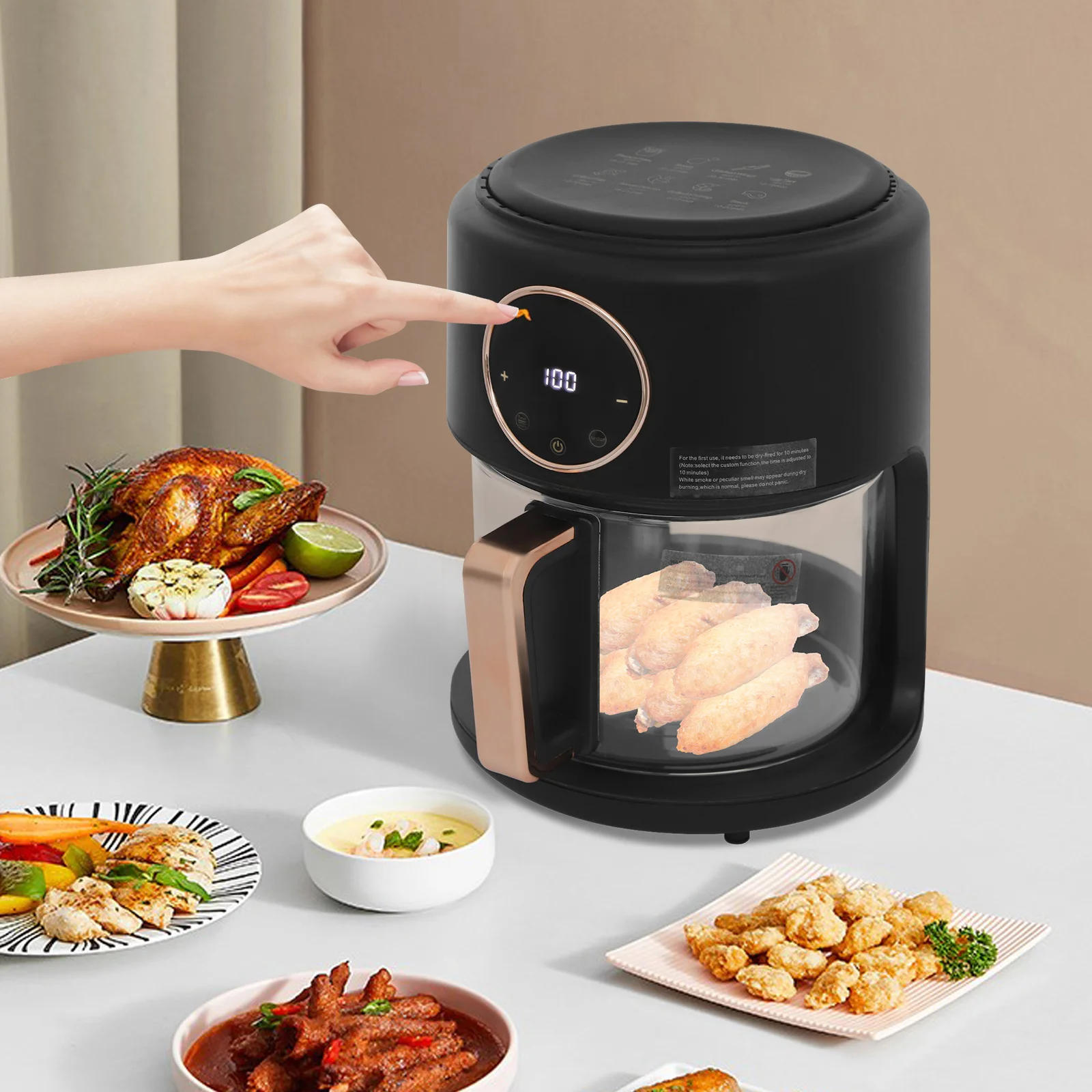 3.81Qt Airy Fryer 1200W Glass Cylinder Cook Adjustable Temp, 60 Min Timer, 360° Viewable Glass Baske...
